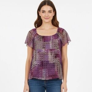 liz & co. NWOT Stretchy Cap Sleeve Boho Tiered Scoop Neck Purple Pink Blouse